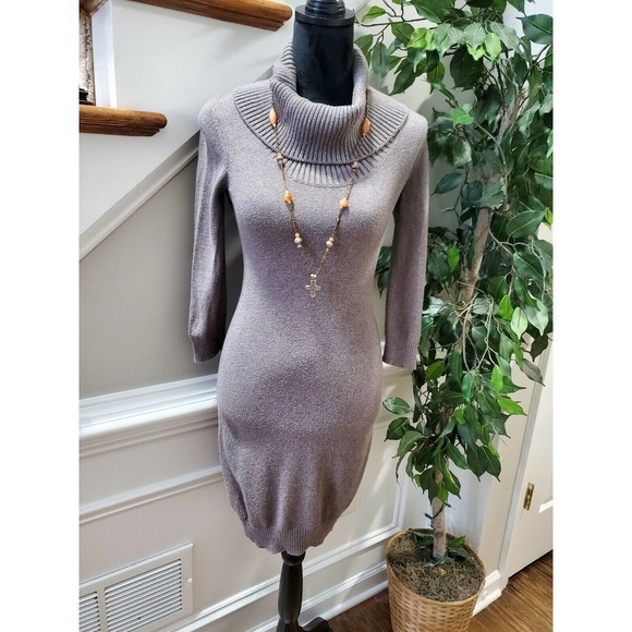 Ann Taylor Women Brown Cotton Long Sleeve Turtleneck Knee Length Knit Dress XSP - Picture 1 of 11